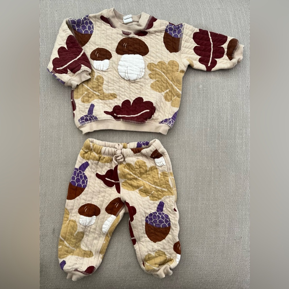 H&M Acorn Leaf Mushroom Quilted Sweatshirt Set 12M